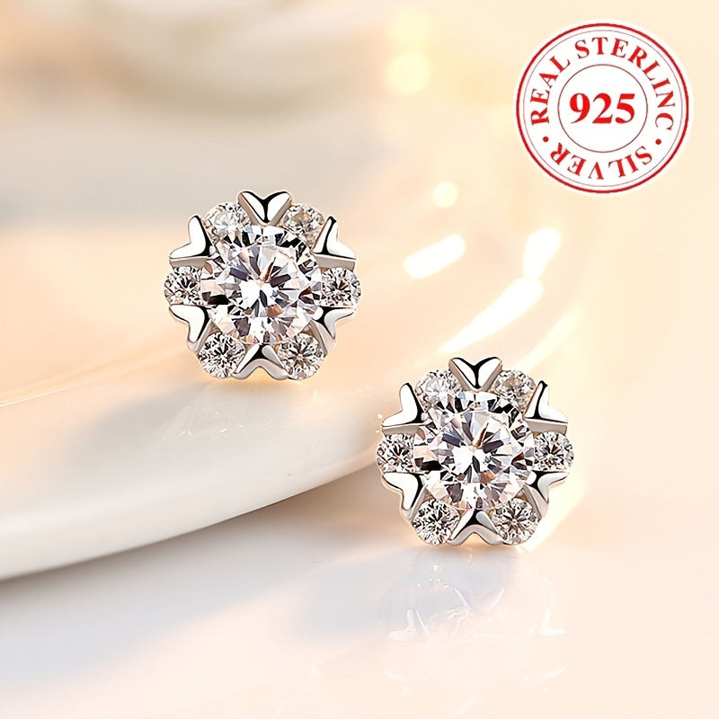 925 Sterling Silver Sparkling Stud Earrings with Flower Design, Hypoallergenic Zirconia Inlay- Delicate Christmas Gift for Women