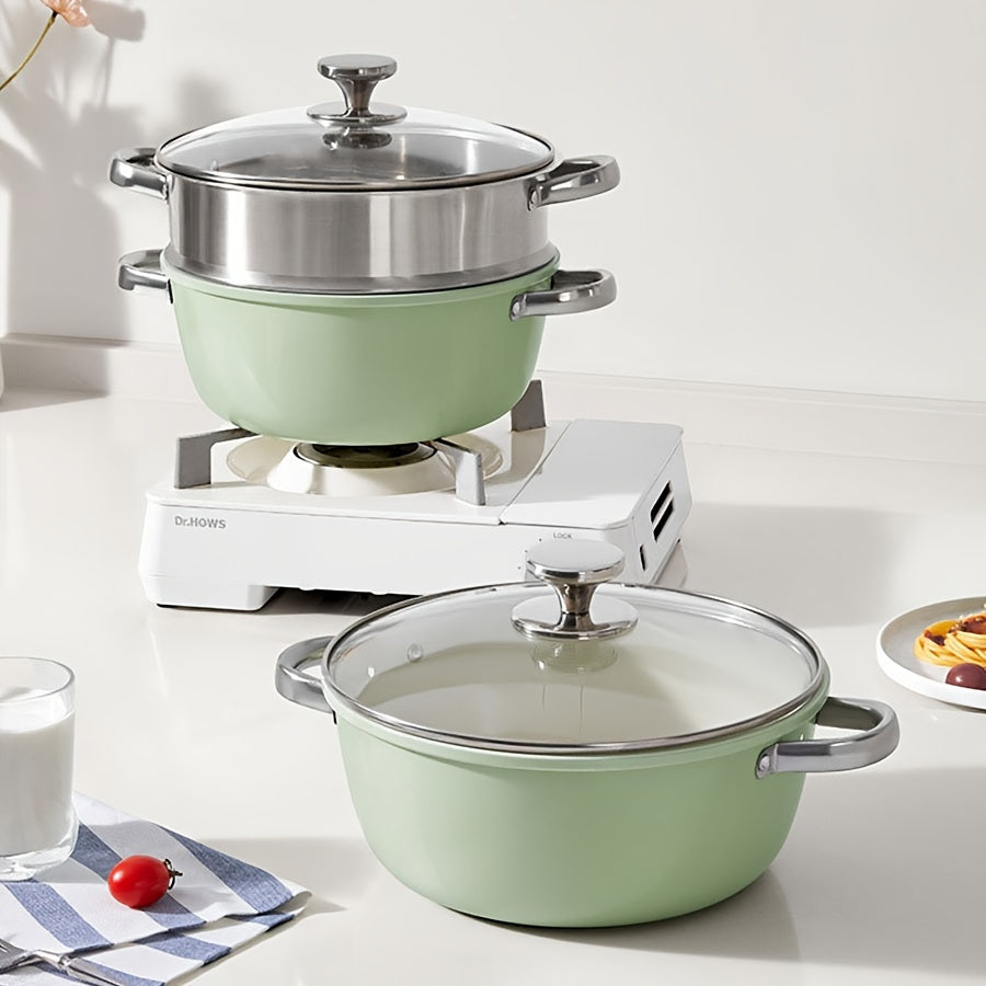 Hand wash only, this cast iron skillet comes with a lid. The ceramic avocado green soup pot is dual-sided, suitable for both gas and induction stovetops, and features cast iron handles.