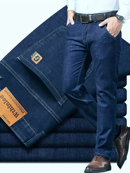 2024 New Style Men's Dark Blue Slim Fit Jeans, Thick Casual Pants for Autumn and Winter, Four Seasons Style.