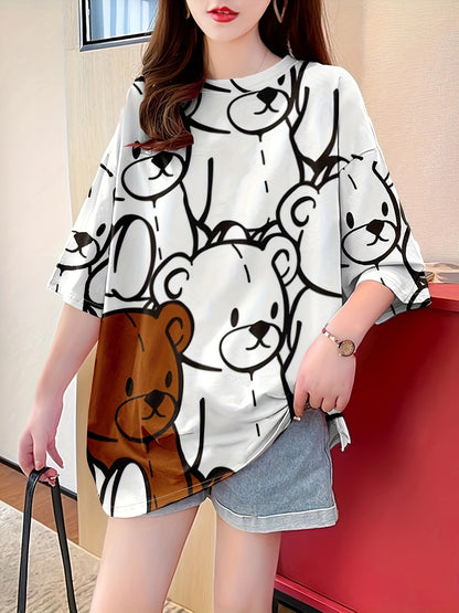 Women's casual bear print T-shirt with long sleeves, crew neck, and loose fit knit fabric for all seasons.