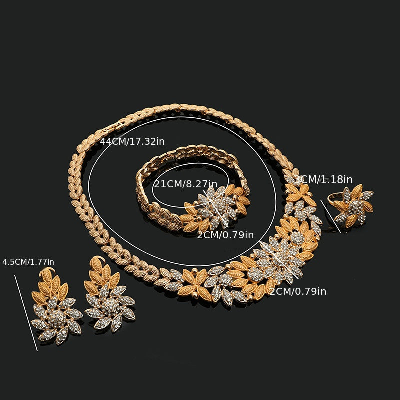 Sophisticated 5-piece Women's Jewelry Set in Gold Tone - Features Necklace, Bracelet, Earrings, and Ring Adorned with Glittering Rhinestones - Ideal for Weddings and Formal Events