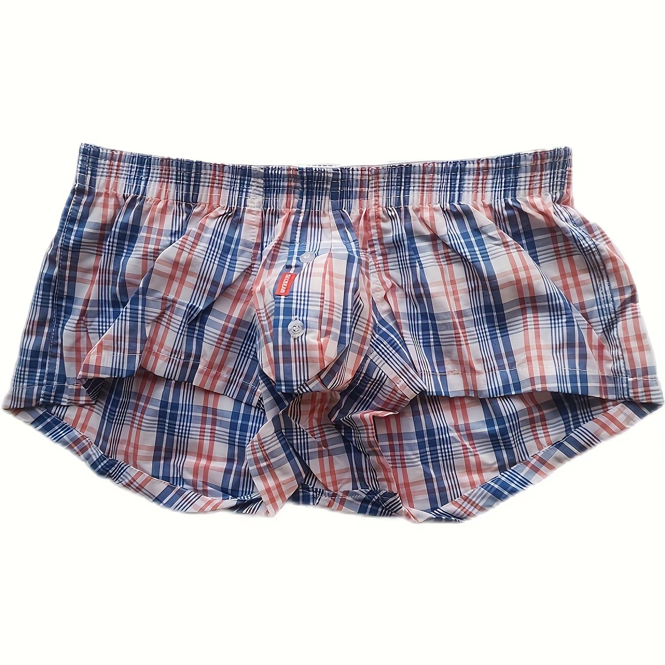 Men's flat corner underpants with front button opening, made of thin pure cotton, low waist sexy plaid shorts.