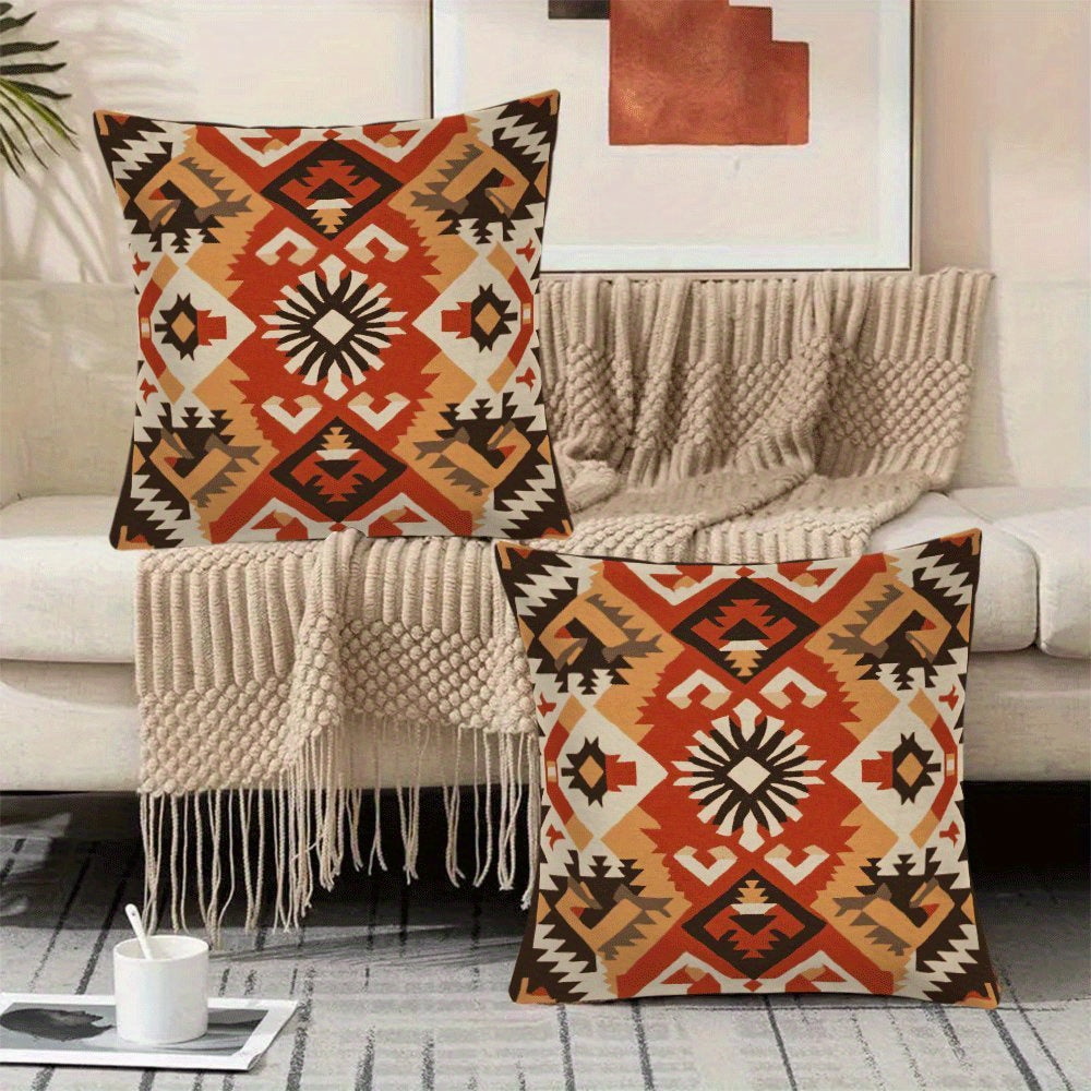 Modern Bohemian Retro Geometric Flannel Pillow Covers, 2-Pack, 45.72x45.72 cm, Zipper Closure, Machine Washable, Ideal for Back Sleepers, Sofa and Outdoor Tent Decor, All-Season Square Cushion Cases (Pillow Inserts Not Included)