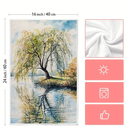 Set of 2 Ultra Soft Kitchen Towels featuring the "Willow by a Tranquil Lake" Design, Exceptionally Absorbent & Easy to Wash Dish Hand Towels, Modern Coastal Decor, 40.64x60.96 cm, Perfect for Holiday Season Decor, Decorative yet Durable Kitchen Textile