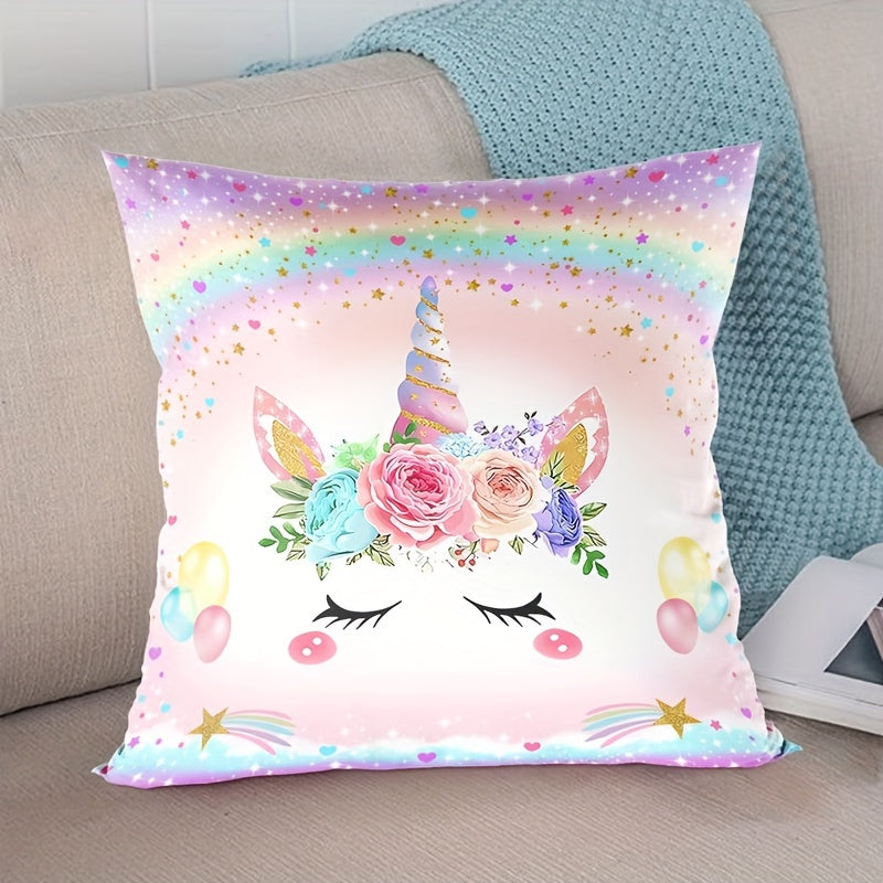 Unicorn-themed pillowcase made of woven polyester with zipper closure. Machine washable and suitable for bedroom, sofa, and home decor. Features contemporary unicorn pattern design.