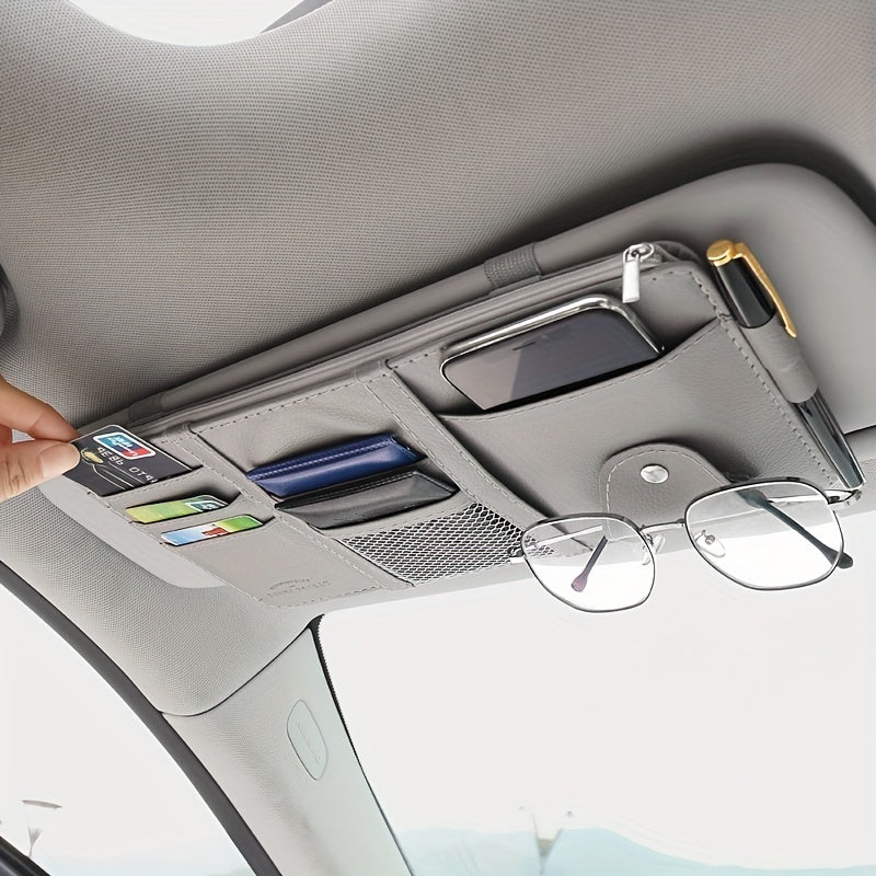 Car sun visor storage bag with multifunction card holder, driver's license, documents, and bills in PU leather. Includes car glasses clip for organization.