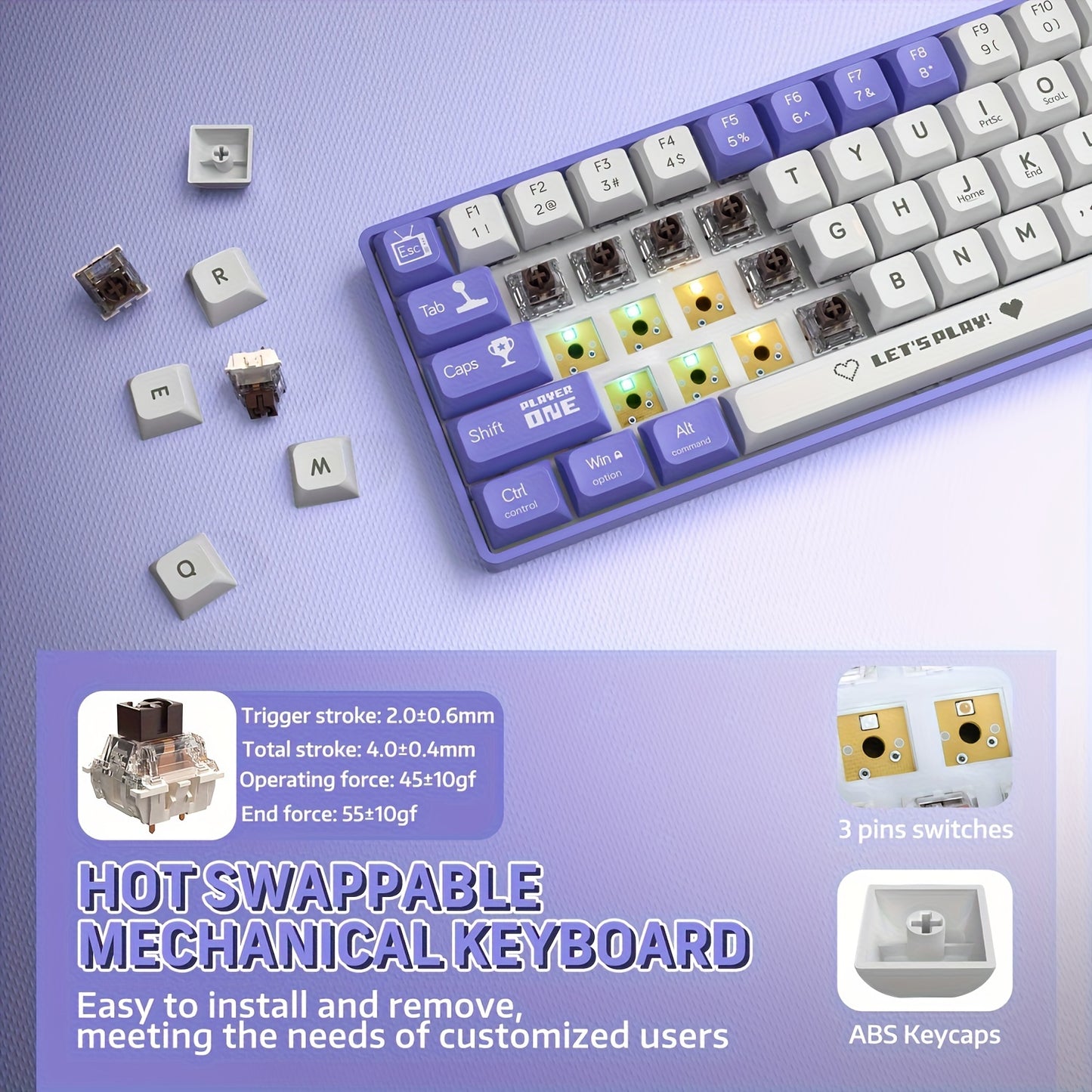 HOOPOND Wired Mechanical Gaming Keyboard - 65% Hot-Swappable, RGB Backlit, Red Switches, Ergonomic Design, Purple & White Color, Windows/Mac Compatible.