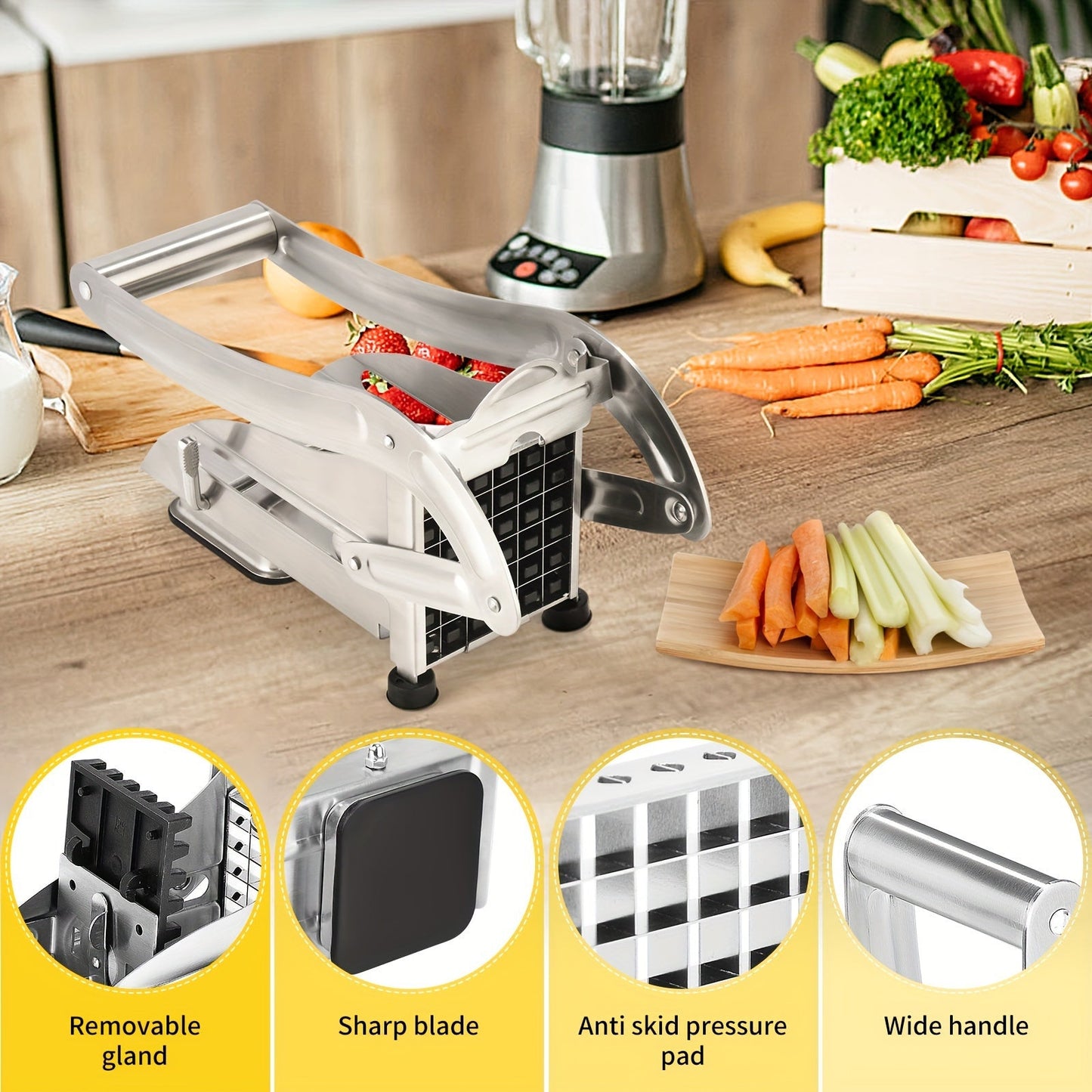 Home kitchen gadget for easy potato slicing, featuring a durable stainless steel French fry cutter with 2 interchangeable blades. Ideal for home use, this silver metal slicer is perfect for creating perfect fries every time.