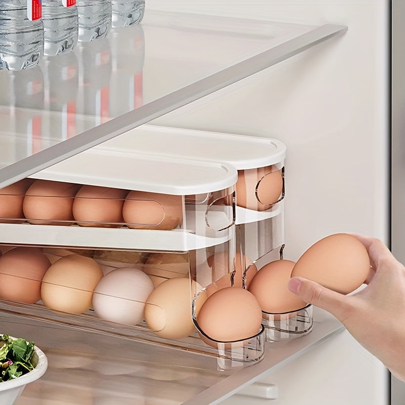 An automatic sliding egg storage box for refrigerator doors, holding 12-14 eggs with a flip-top design, serving as a fresh egg organizer and space-saving rack.