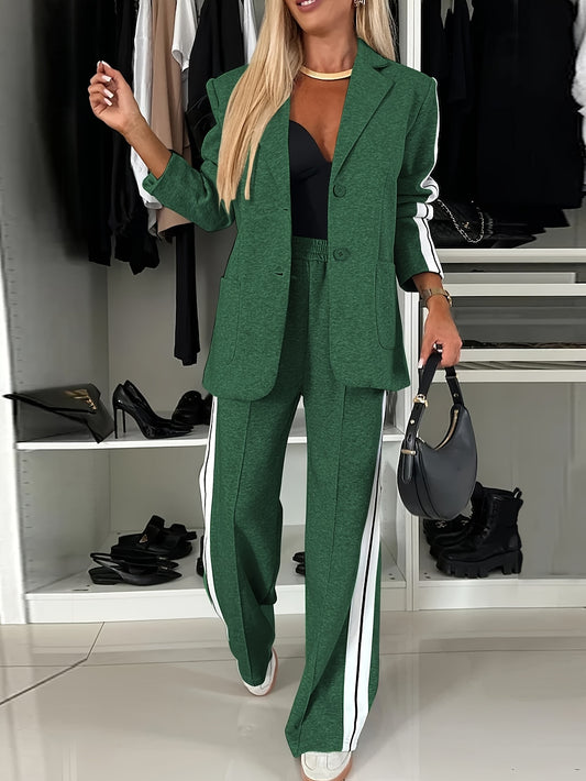 Elegant women's casual suit set with polyester knit fabric in solid color includes button-up blazer and pants, suitable for spring/autumn fashion.