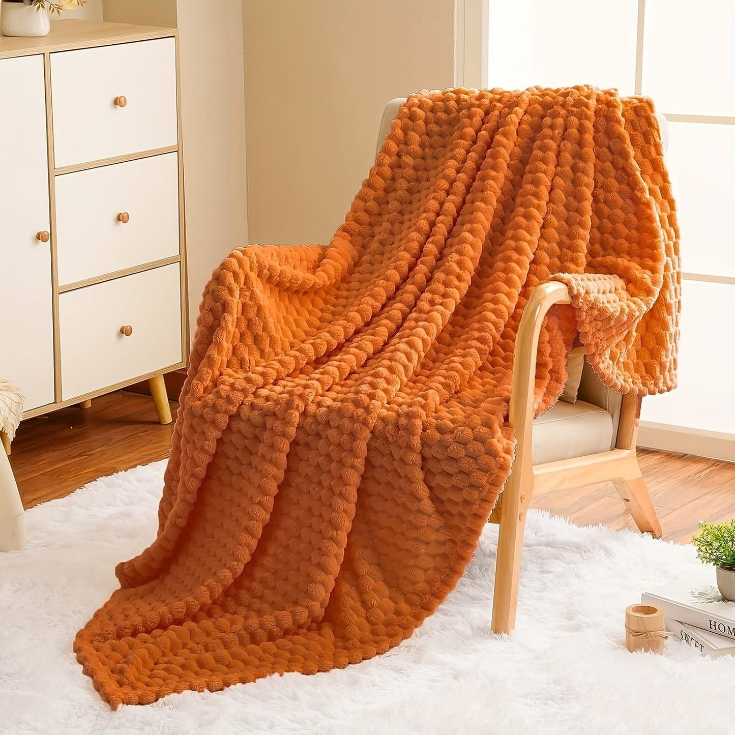 Cozy up with our luxurious Burnt Orange Flannel Throw Blanket, crafted with ultra-soft 3D Jacquard for the ultimate warmth and comfort on your couch, sofa, bed, or chair. This all-season blanket is tear-resistant and lightweight, providing you with the