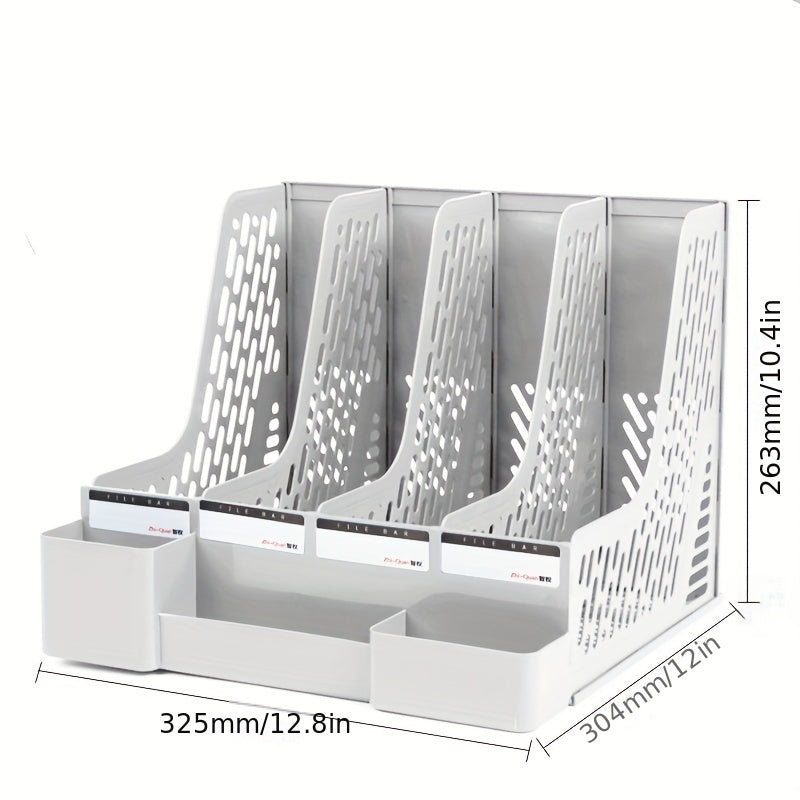 Desktop file rack with pen holder, ideal for organizing office supplies.