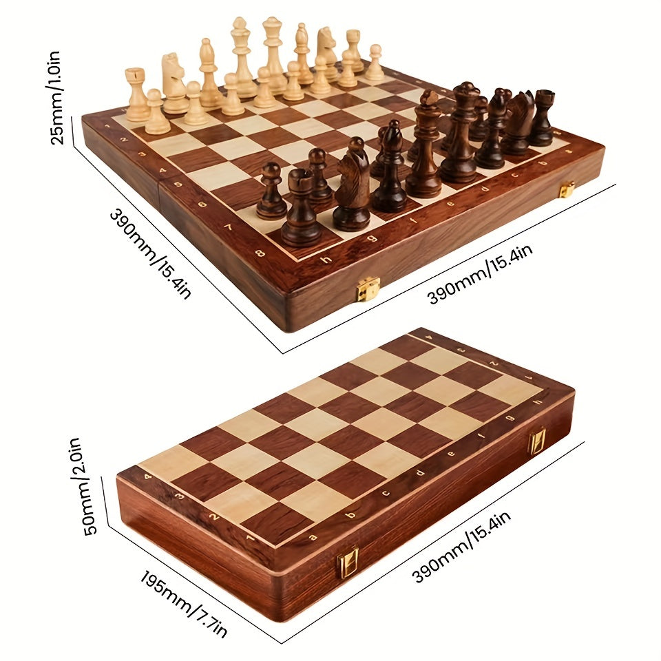 38.1cm X 38.1cm/15" X 15" Solid Wood Chess Set with Folding Board, Walnut Checkerboard, Internal Storage, 2 Bonus Queens.