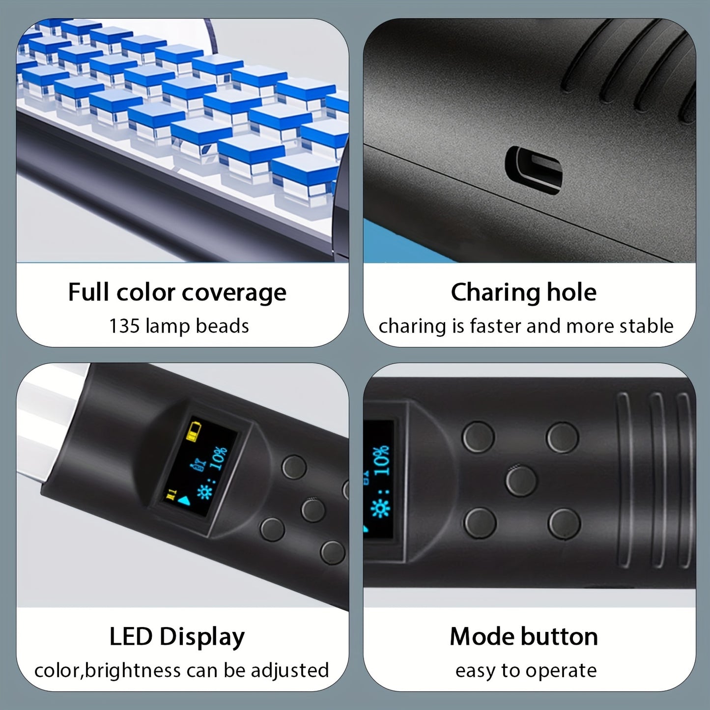 RGB LED Light Wand with adjustable brightness and temperature, USB rechargeable for parties and studio lighting.