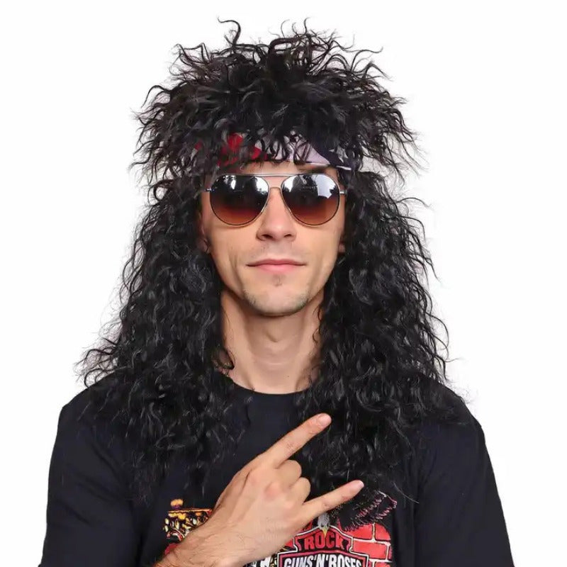 Rock out in this 80's style rock star wig, featuring fluffy coily hair with bangs in a punk-inspired design. Made from acrylic material, this unisex party costume headwear is perfect for clubbing and celebrations.