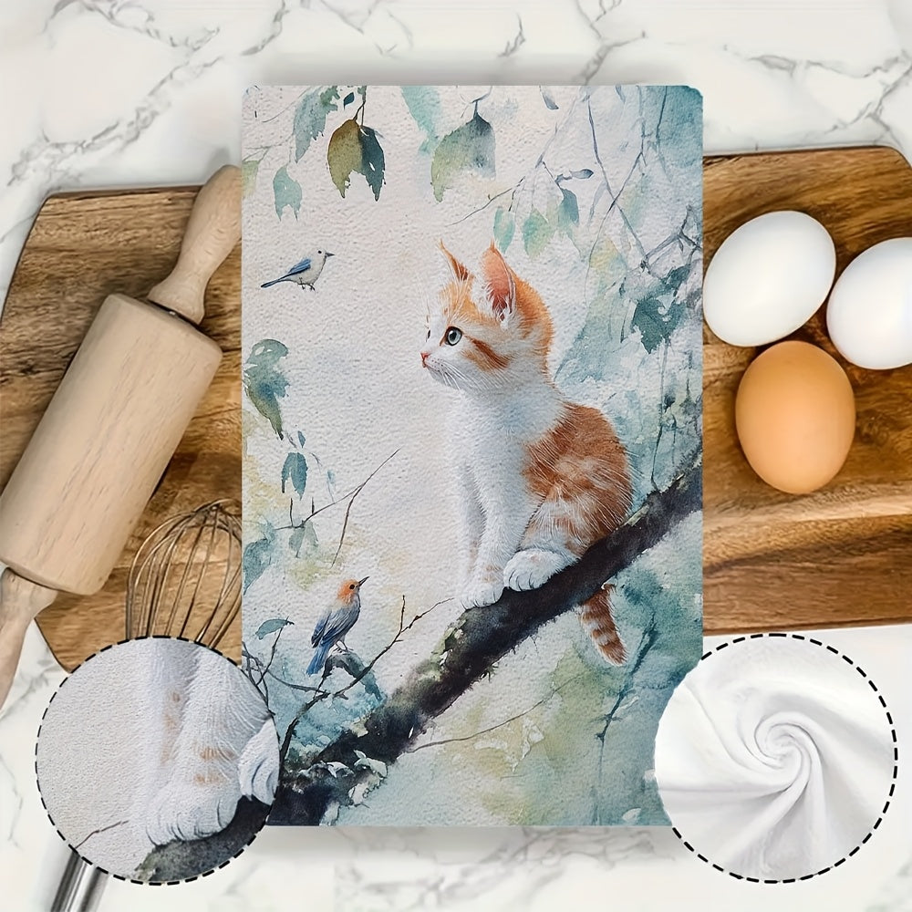 Set of 2 Ultra Soft Kitchen Towels featuring a Charming Kitten & Birds Design. Made of Highly Absorbent Polyester, these Dish Hand Towels are Machine Washable and Ideal for Holiday Decor. Each towel measures 40.64x60.96 cm.