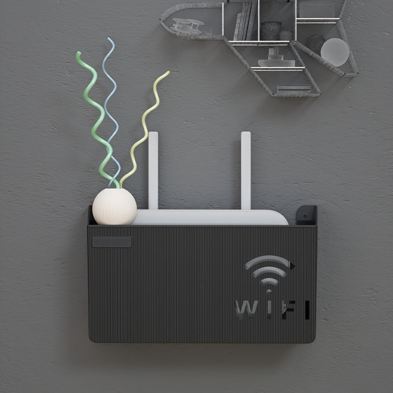 Wireless router holder with easy-install wall mount, polished finish, and utility hooks for home and office organization.