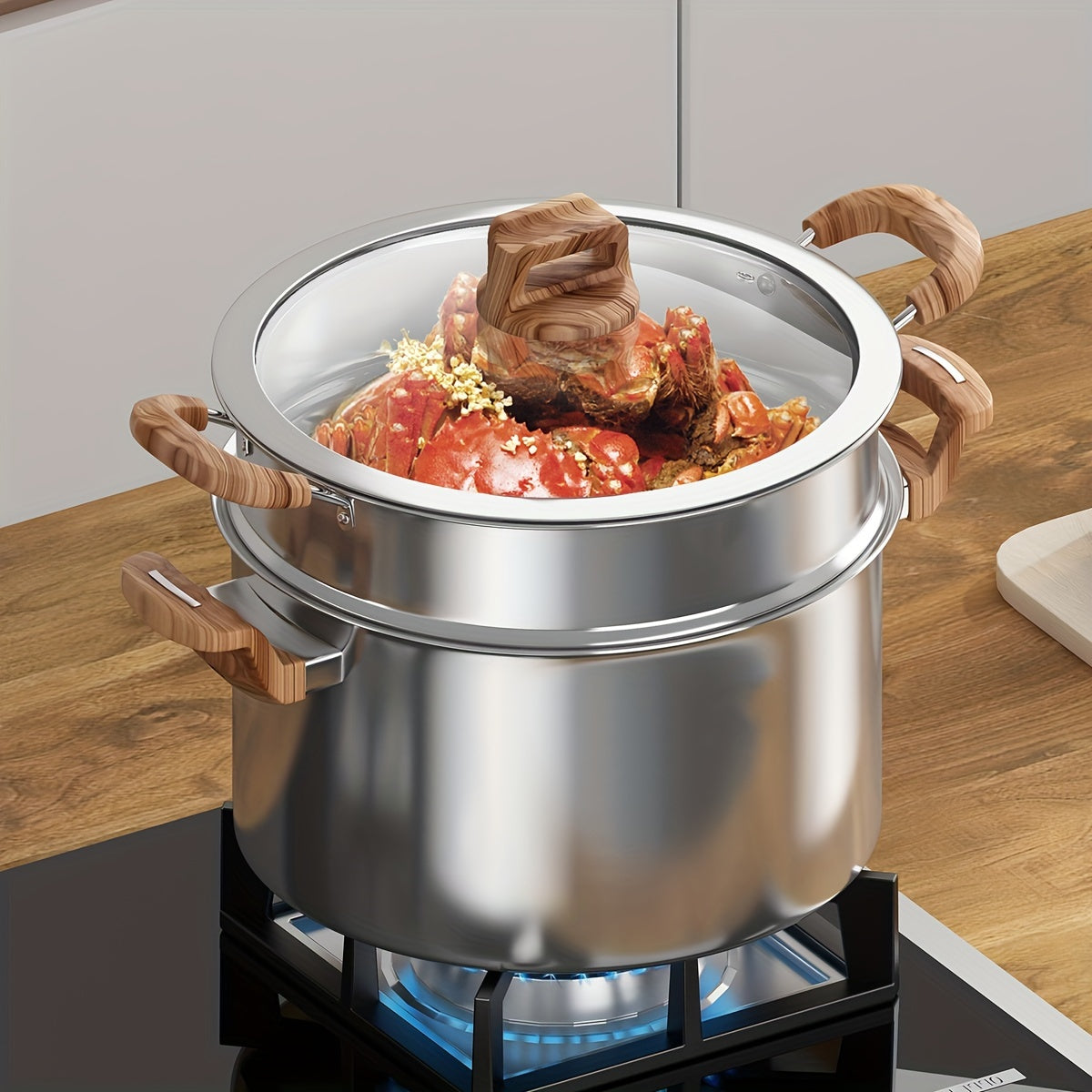 Five-layer composite steel pot for the kitchen, made of thickened food-grade 316 stainless steel. Non-stick and induction cooktop compatible. Features a deep soup pot and thickened steamer with 304 stainless steel lid. Ideal for cooking noodles