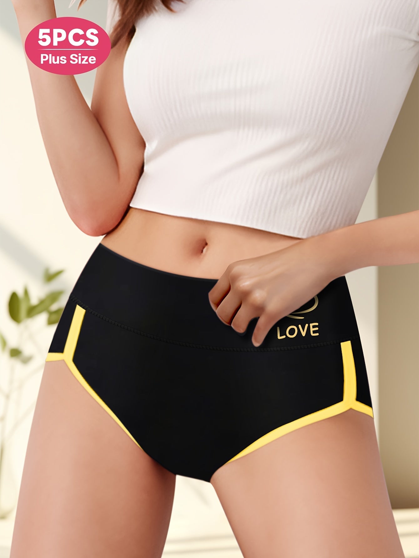 5-Pack MIOTAN Plus Size Panties for Women - Elegant mid-waist underwear with tummy control, solid color with contrast lash, made of 90% polyester and 10% elastane.