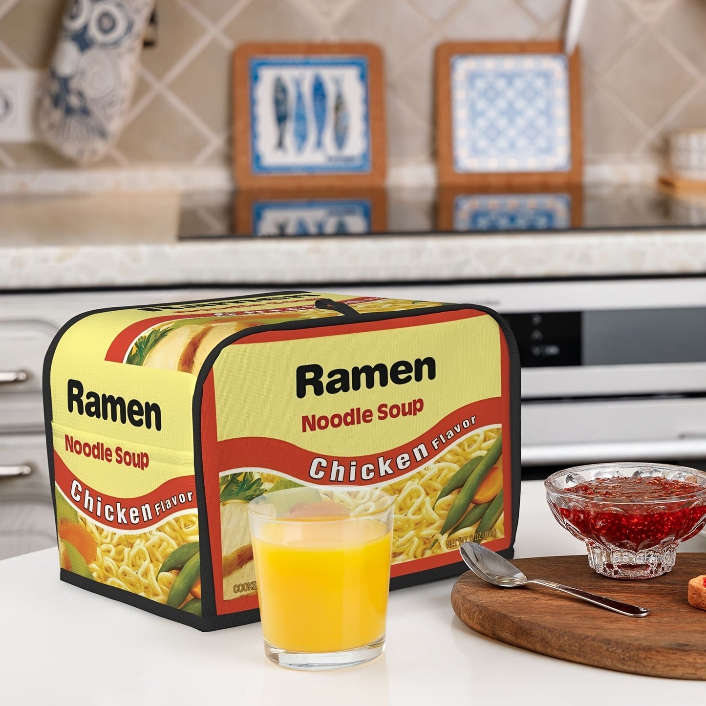 Introducing a charming ramen print toaster cover featuring beef and chicken flavors, crafted to safeguard your toaster from dust and fingerprints. This cover is conveniently machine washable and designed to fit two-slice toasters, ensuring it remains a