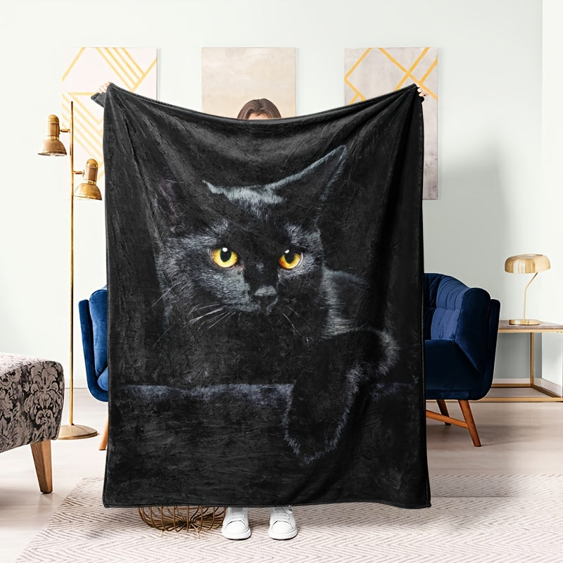 Soft, ultra-black cat print flannel throw blanket - great for couch, bed, car, office, or camping - a versatile and practical gift for all seasons.