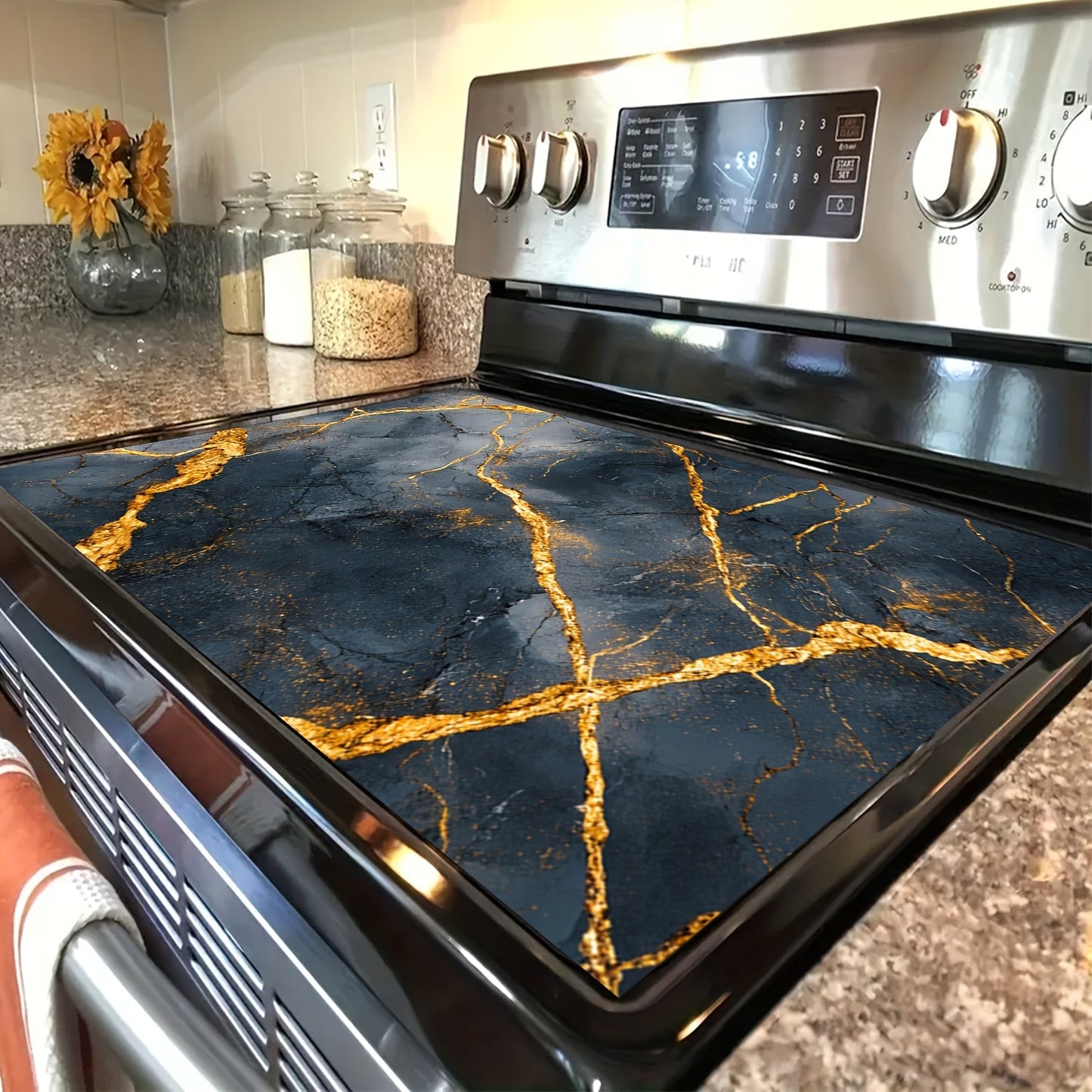 Black Marble Rubber Stove Protector Mat - 1 piece, 71.88cm x 52.07cm, Non-Slip and Heat-Resistant Synthetic Cover for Electric Glass Stove. Anti-Scratch and Multipurpose for Flat-Top Oven, Washer, Dryer, or as a Mouse Pad. Adds Kitchen Decor.