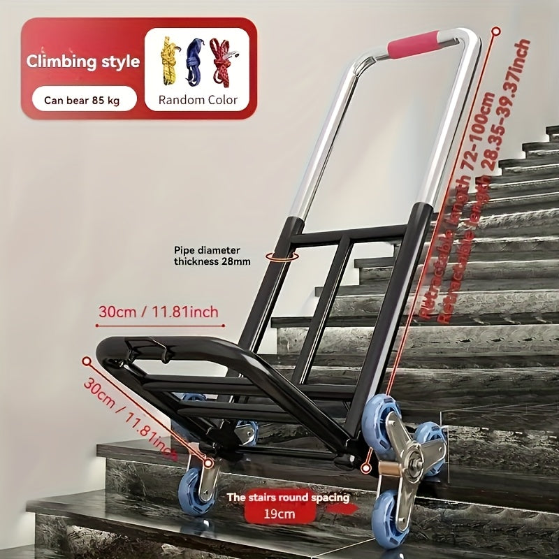 Durable folding hand truck with wheels designed for climbing stairs, easy to lift and carry, ideal for moving and shopping.