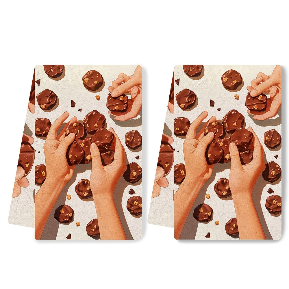 Get 2 ultra soft kitchen towels, perfect for holiday decor and featuring a set of gourmet chocolate covered cookies. These highly absorbent dish hand towels are machine washable and measure 16x24 inches. Item number: 2KYSMF1214049