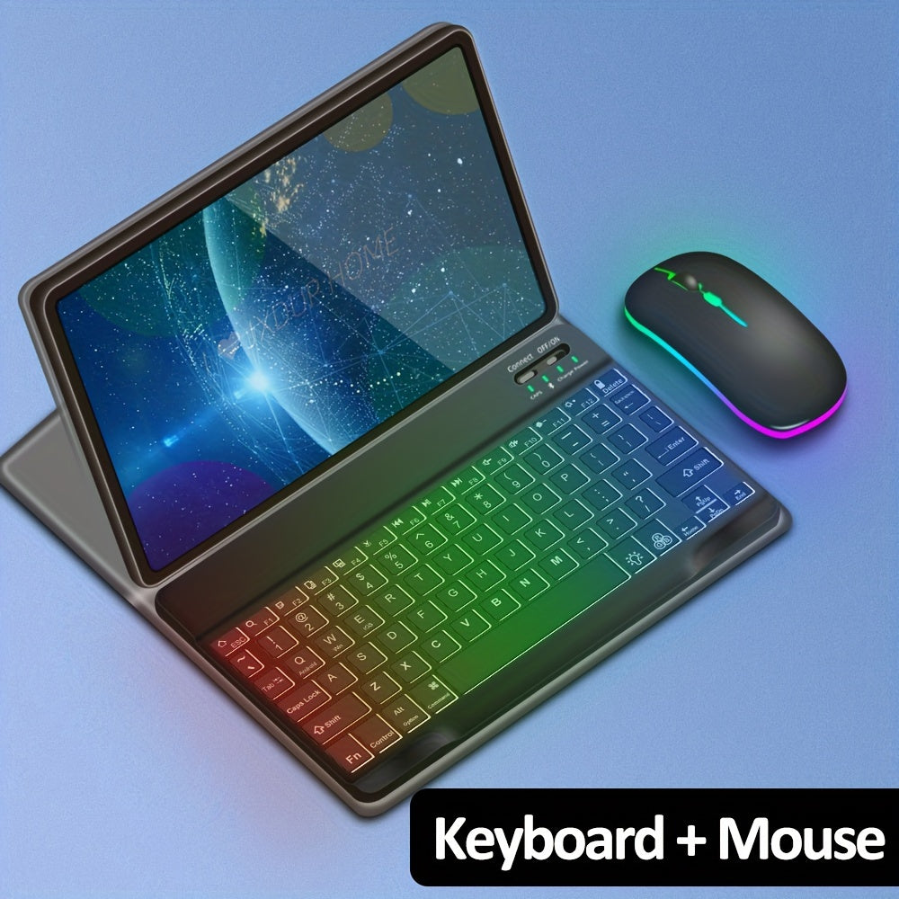 10-inch iPad and laptop backlit wireless keyboard and mouse combo with ergonomic design, portable, rechargeable, quiet keys, adjustable brightness, RGB lighting, Type-C charging, and