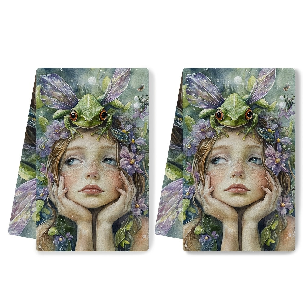 Set of 2 Enchanted Frog & Fairy Art Kitchen Towels - Made from Ultra Soft and Highly Absorbent Polyester, Perfect for Drying Dishes - Machine Washable, Measures 40.64x60.96 cm - Adds a Touch of Whimsical Holiday Decor to Your Kitchen