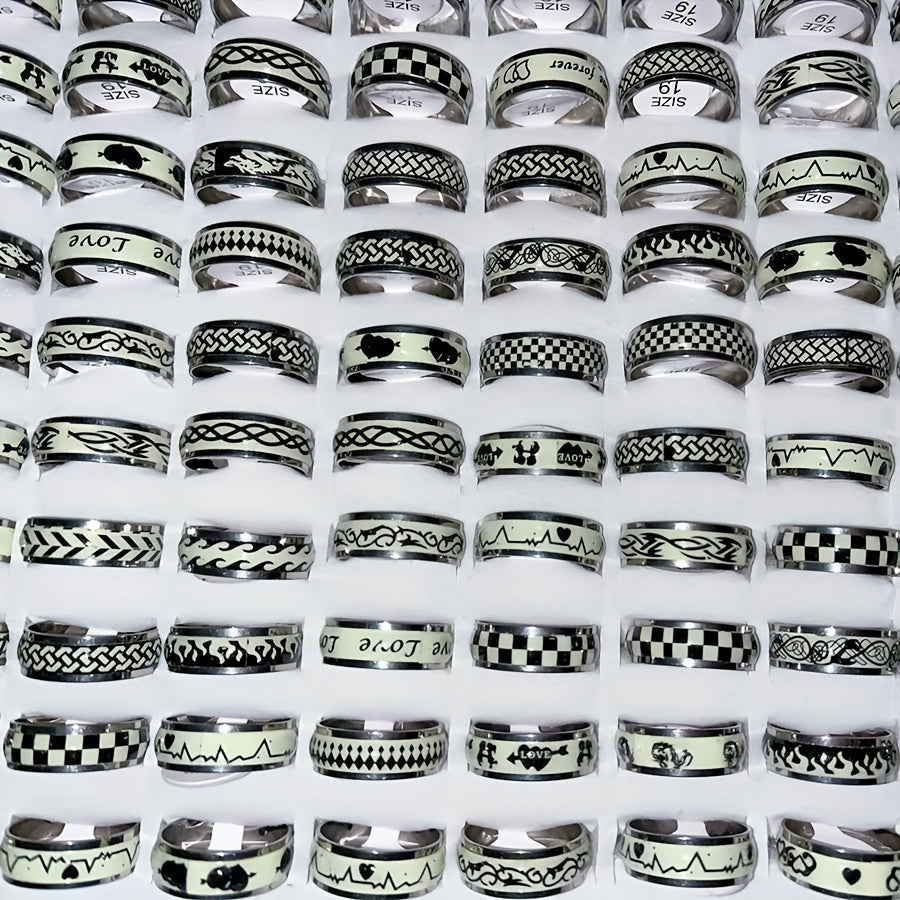 Be a trendsetter with these glow-in-the-dark stainless steel rings! Each set includes 10 or 20 pieces, perfect for rocking a punk and hip hop style. Great for couples, parties, or casual wear.