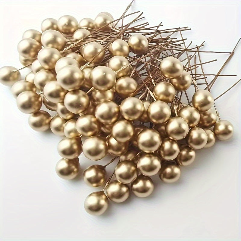 100 pieces of simulated golden and silver fruit ornaments for holiday and cake decorations.