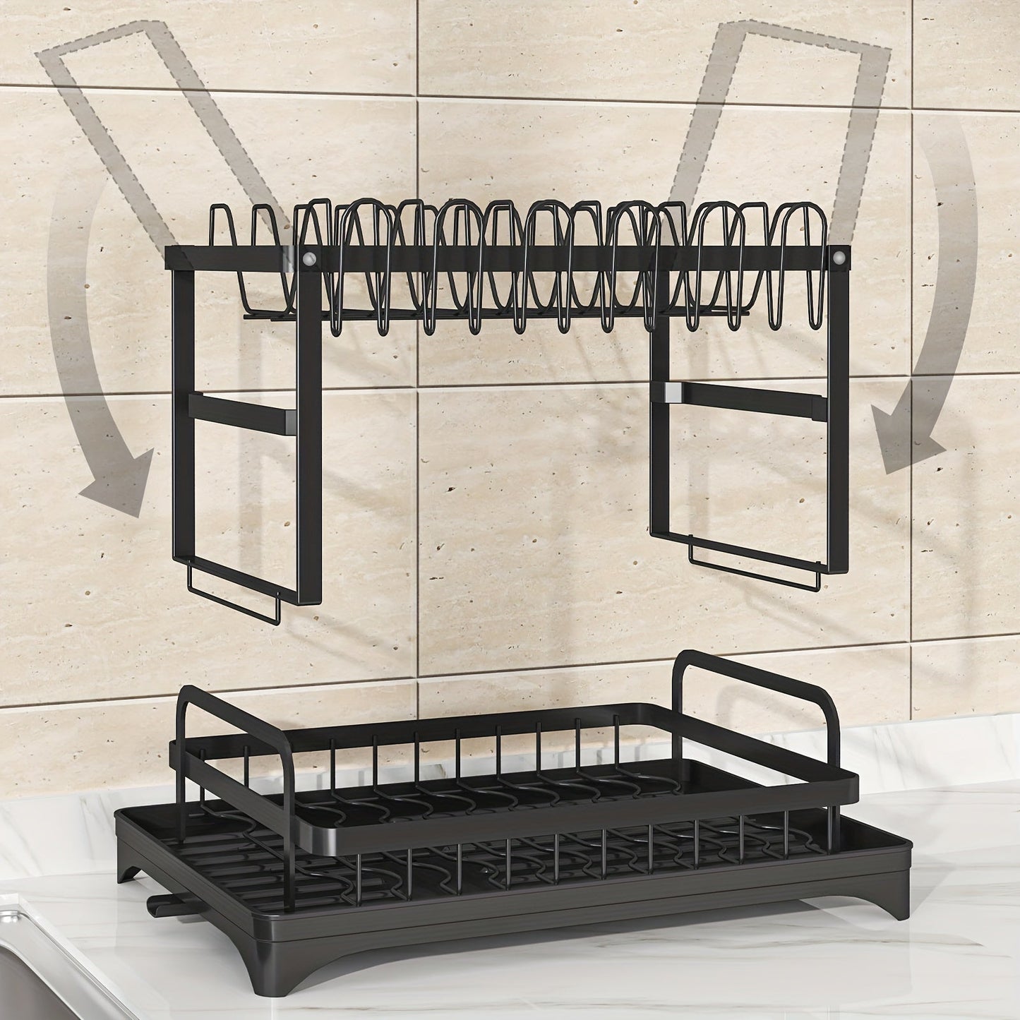 Kitchen Counter Rustproof 2-Tier Dish Drying Rack with Double Layer, Drainboard, and Utensil Holder - Ideal for Kitchen Accessories