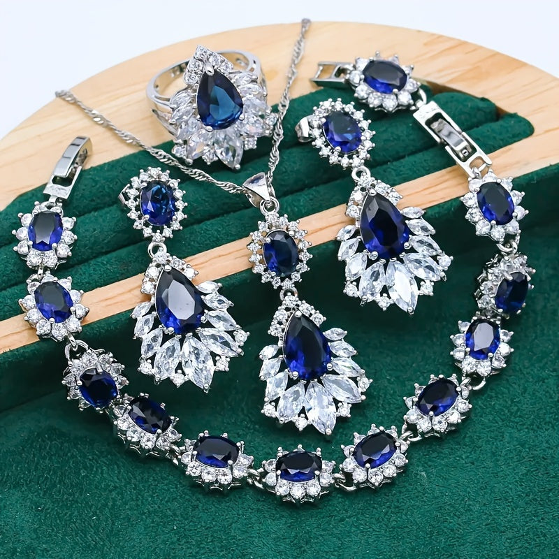 Exquisite 5-Piece Jewelry Set for Women: Platinum-Plated Copper with Synthetic Zirconia, Includes Adjustable Ring, Earrings, Necklace, and Bracelet. Perfect for Wedding, Banquet, or any Special Occasion. High-Quality Cubic Zirconia. Hypoallergenic and