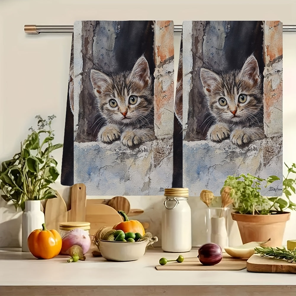 Get your hands on 2pcs of ultra soft kitchen towels featuring an adorable peeking kitten design. These highly absorbent and machine washable dish hand towels come in a contemporary style and measure 40.64x60.96 cm. Perfect for home decor or as dish