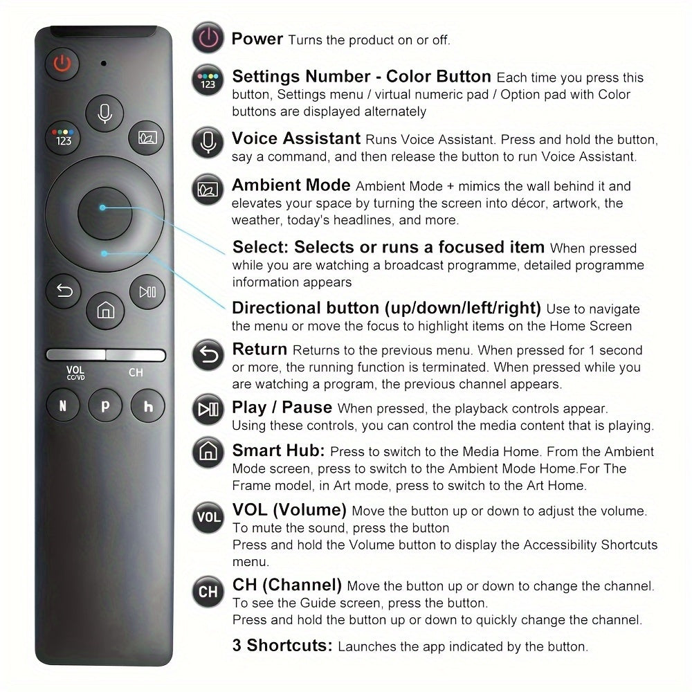 Voice control remote for Samsung TVs with Easy-Pair technology is compatible with Smart, Curved, QLED, LED LCD, 8K & 4K models. No batteries required, includes Play, Launch, and Navigation