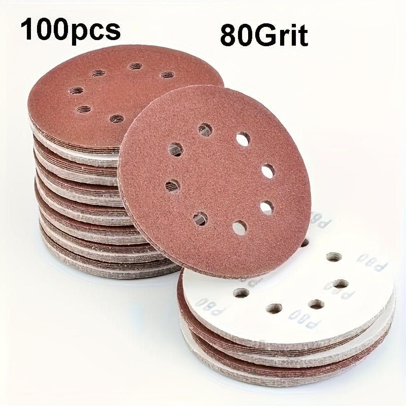 100 5-inch 125mm circular sandpaper with 8 holes, hook and ring system, used for polishing.