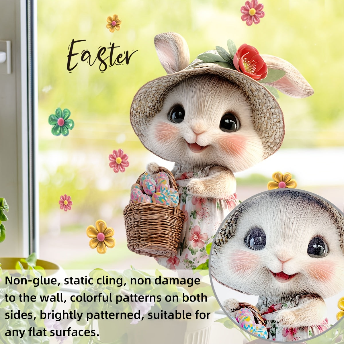 Easter Bunny and Eggs Floral Decorative Window Cling - a 20x30cm Double-Sided PVC Sticker with Contemporary Design, Static Adhesive Glass Decal that is Reusable for Home Decor in Living Room, Bedroom, or Bathroom. Product code: DJ4099-ZC.