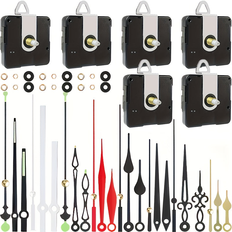 DIY Clock Repair Kit with 54 pieces, including 6 quartz movements and 24 hands. Made of plastic. Assembly required for wall clock mechanism and unique decor.