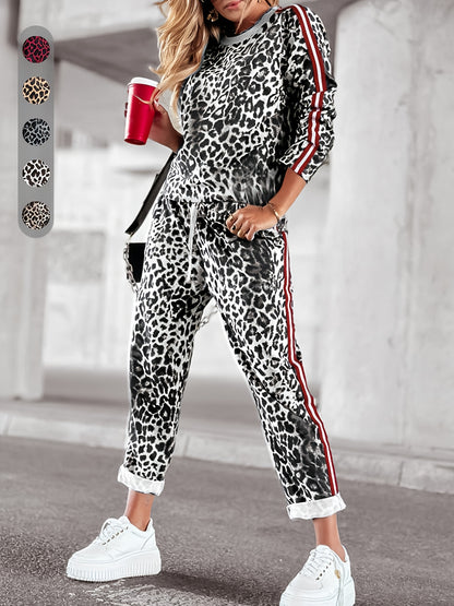 Women's two-piece set for spring and autumn, featuring a soft and comfortable long sleeve top and pants with a loose fit and stylish leopard print. Ideal for commuting with added pockets.