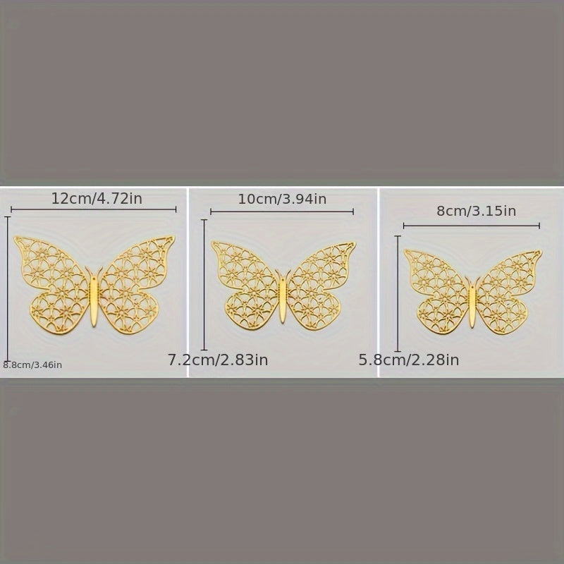 12pcs Golden 3D Butterfly Wall Decor Stickers, 3 Sizes - Removable, Strong Adhesive, Ideal for Parties, Weddings, Nurseries, Classrooms