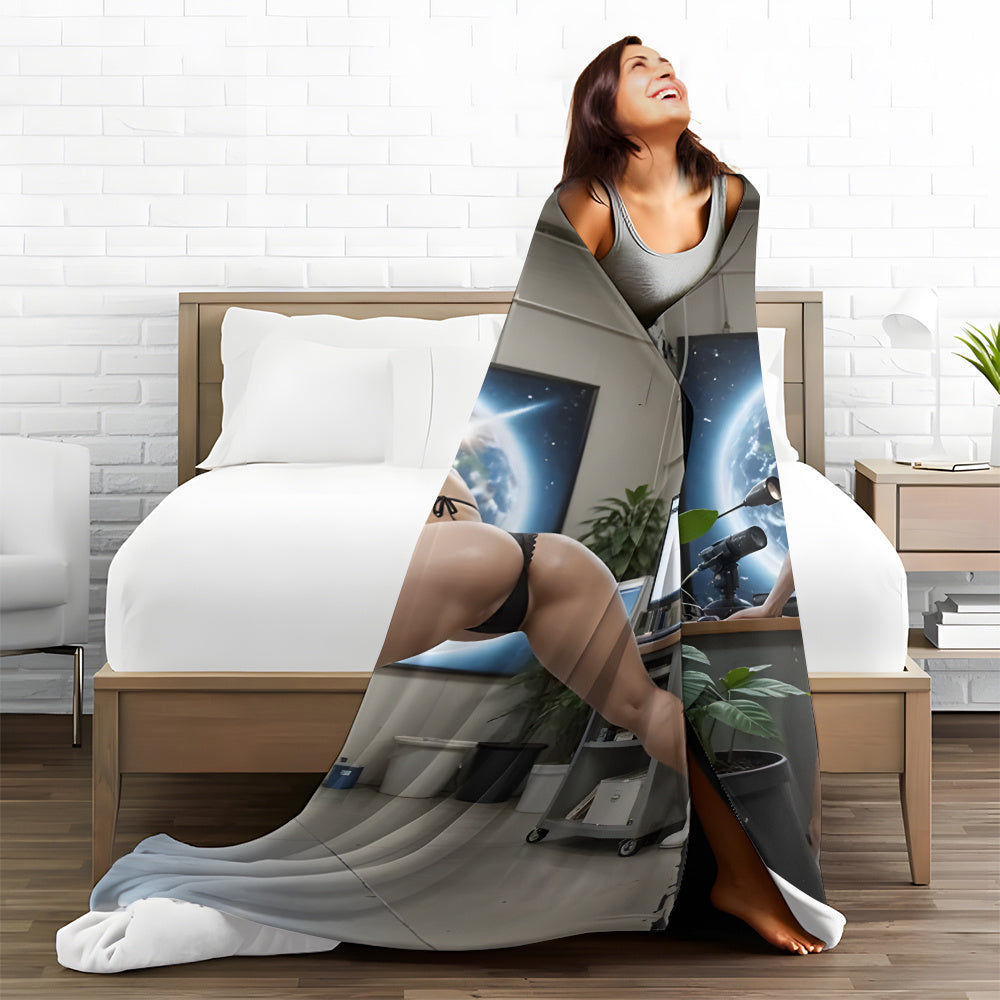 Modern flannel throw blanket that is resistant to stains, perfect for all seasons. Made from knitted polyester, it is cozy and warm with a digital print featuring a sexy blonde. Suitable for use in the living room, bedroom, office, and outdoor camping.