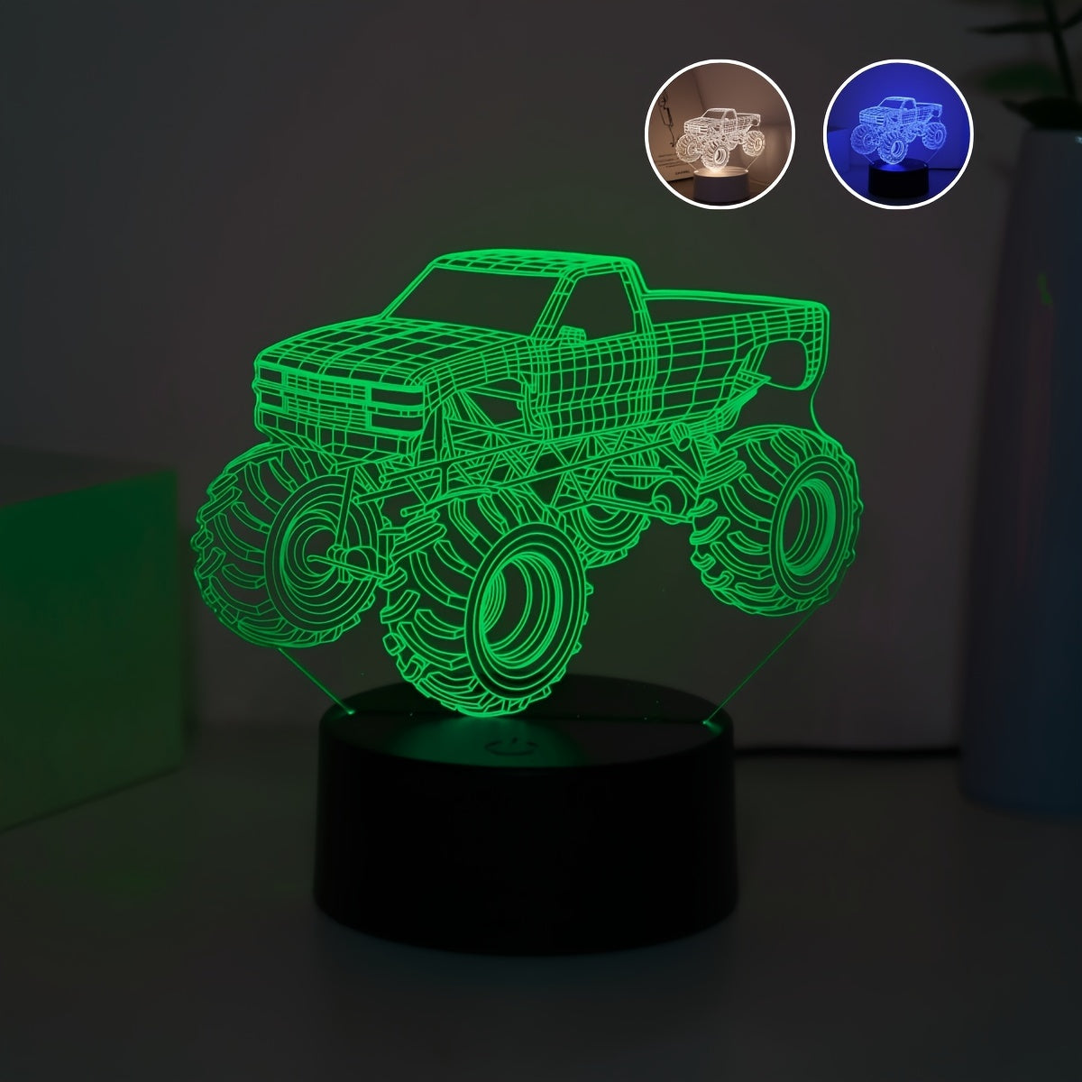 Modern Monster Truck 3D Illusion Table Lamp, Touch Control Night Decor, USB Powered Desk Accent with Integrated LED Source.