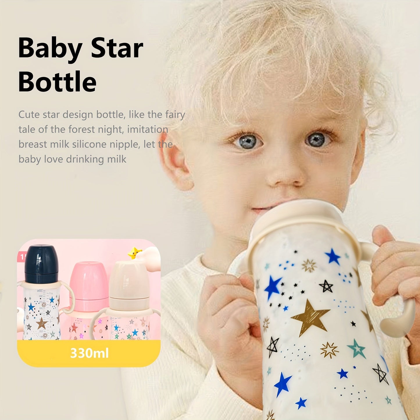 330ml Large Capacity Bottle with Wide Diameter, Handles, and Fall Resistant PP Material. Featuring a Cartoon Star Pattern, this is a Feeding Bottle ideal for Babies.