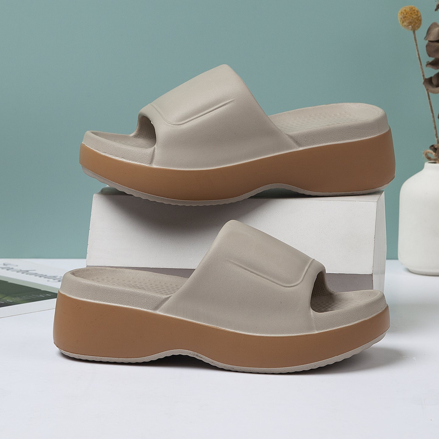 Geometric double band EVA sandals with mid-heel and soft sole for women's summer fashion.