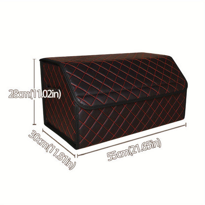 Car trunk organizer made of premium PU leather with diamond stitching and red accents, collapsible and multi-compartment storage box for cars, trucks, and SUVs.