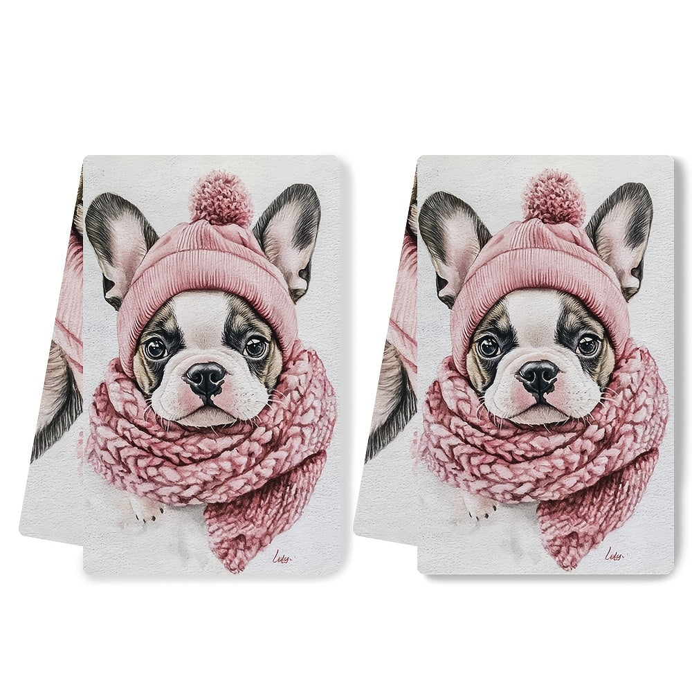 Set of 2 Ultra Soft Kitchen Towels featuring a Cute French Bulldog Puppy with Pink Hat & Scarf, Excellent Absorbency & Easy Care, Perfect for Valentine's Day Decor, Size 40.64x60.96 cm, Dish Towels