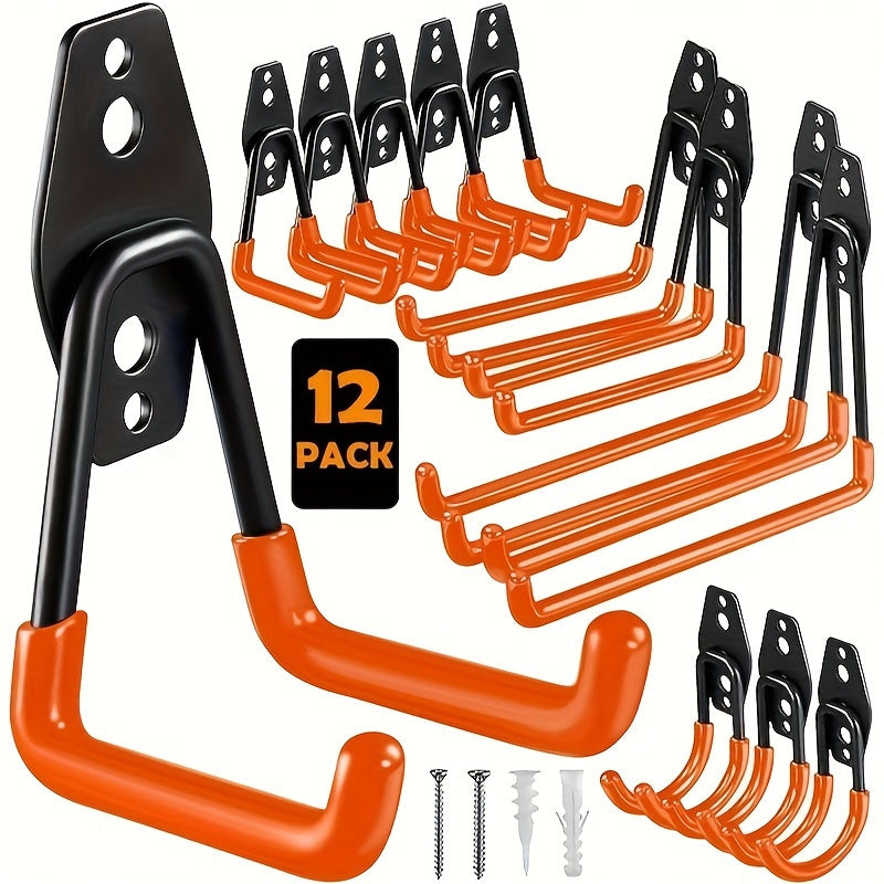 12-pack of heavy-duty garage hooks made of utility steel for wall mounting to organize power tools, ladders, bicycles, and other equipment.