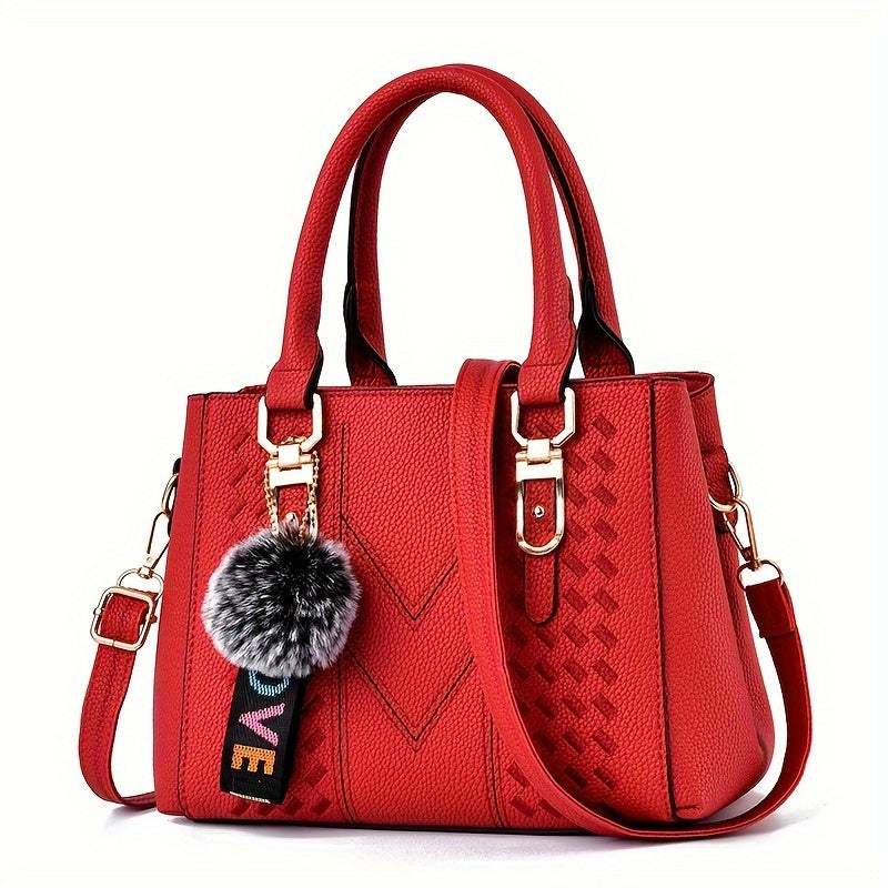 Mother's Day gift bag features women's trendy handbag with ball pendant, simple quilted shoulder crossbody style, perfect for mom and family.