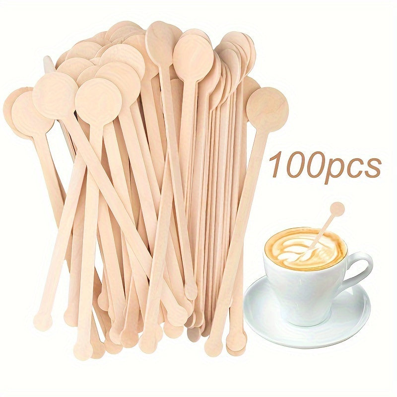 100 pieces of disposable wooden coffee stirrers with round ends for stirring coffee, cocktails, milk, and tea.